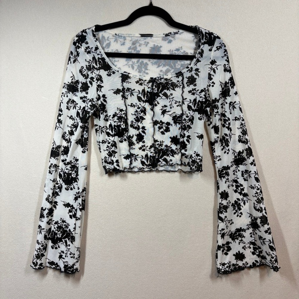 Shein Floral Velvet Burnout Mesh Crop Top Sz L White/Blk Whimsigoth Grunge Fairy